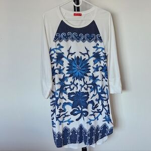 Josie Natori Blue Floral Long Sleeve Dress